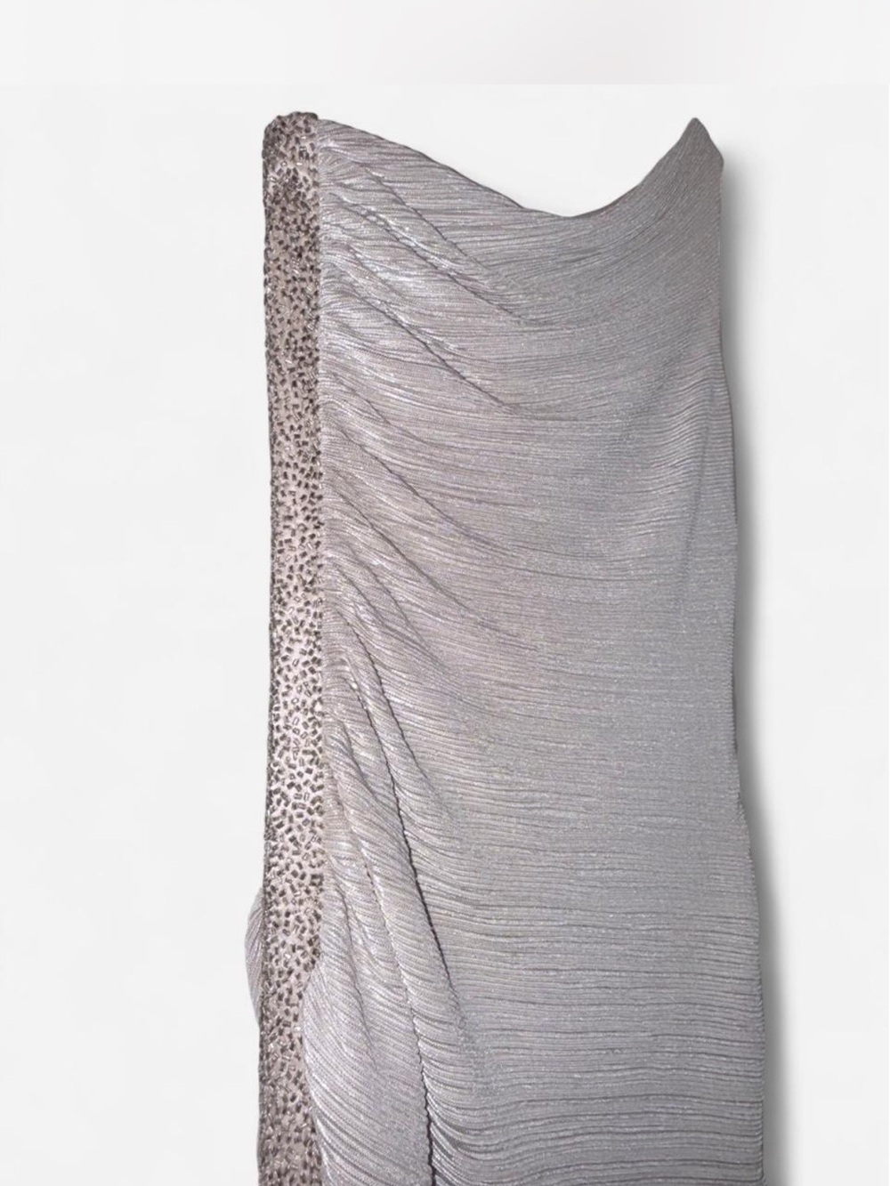 Laundry By Shelli Segal Silver One-Shoulder Ruched Gown with Beaded Trim